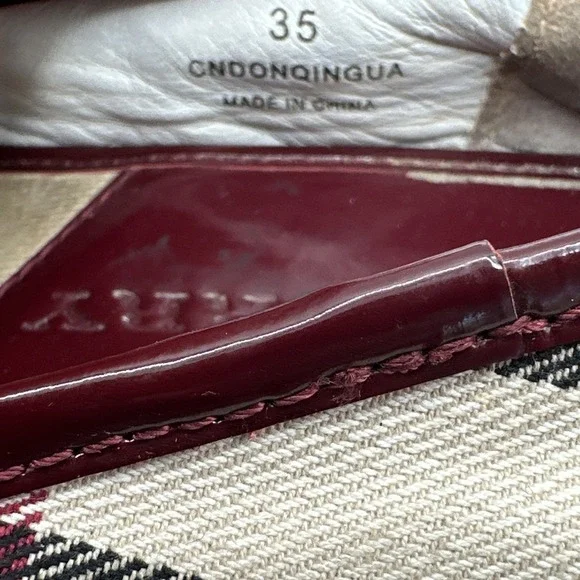 Burberry Nova Check Ballet Flat Burgundy Patent Cap Toe Rubber Bumper EU 35 US 5
